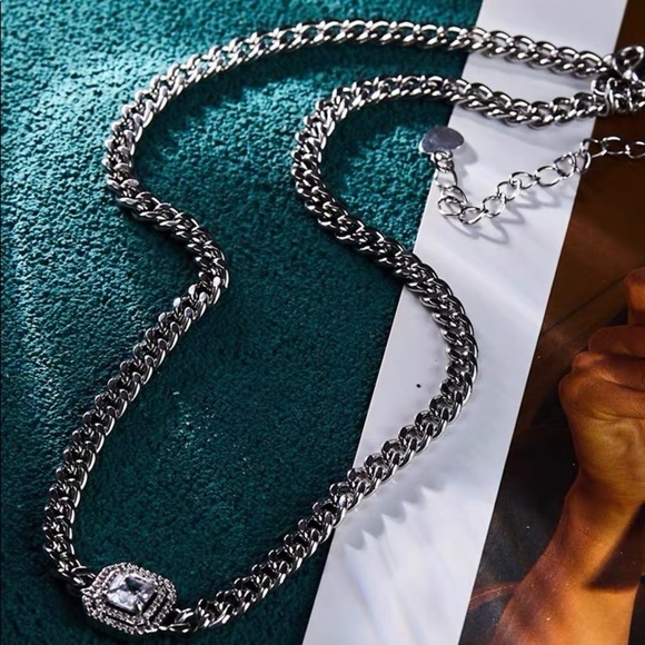 💎Street Fashion Silver Toned Zirconia Chain Necklace princess cut - Picture 6 of 10